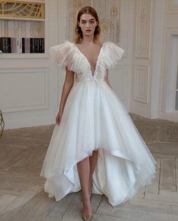 High-low A-line wedding dress with feathers and beads