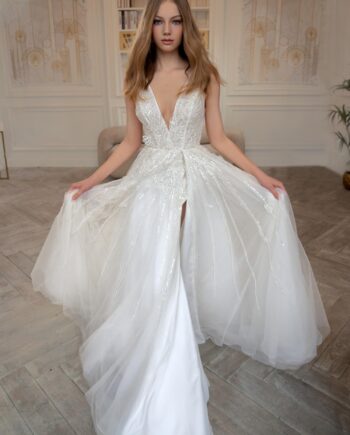 V-neck A-line wedding dress with a slit