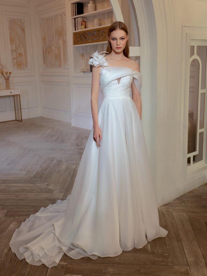 Organza A-line wedding dress with one-shoulder strap