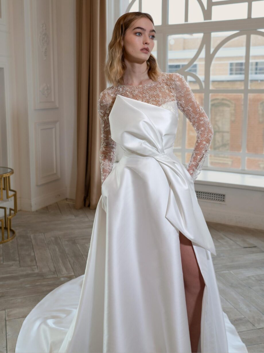 Mikado A-line wedding dress with long sparkly sleeves