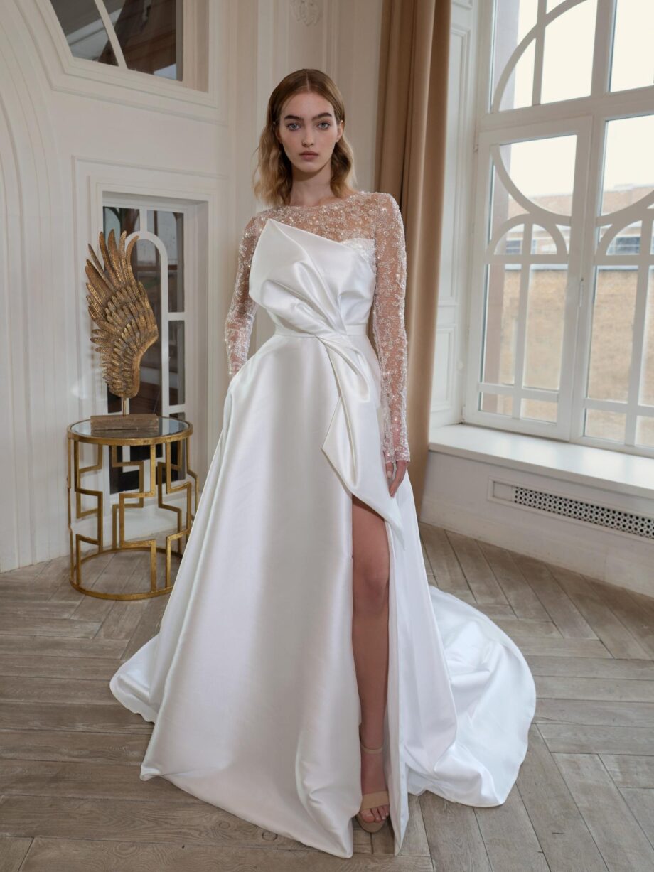 Satin A-line wedding dress with long sparkly sleeves