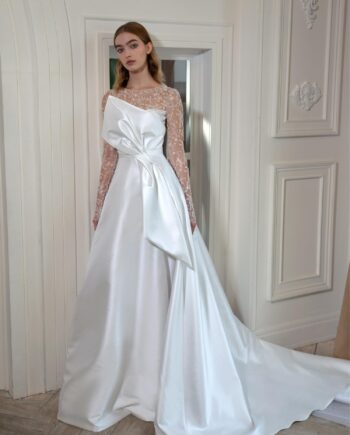 Mikado A-line wedding dress with long sparkly sleeves