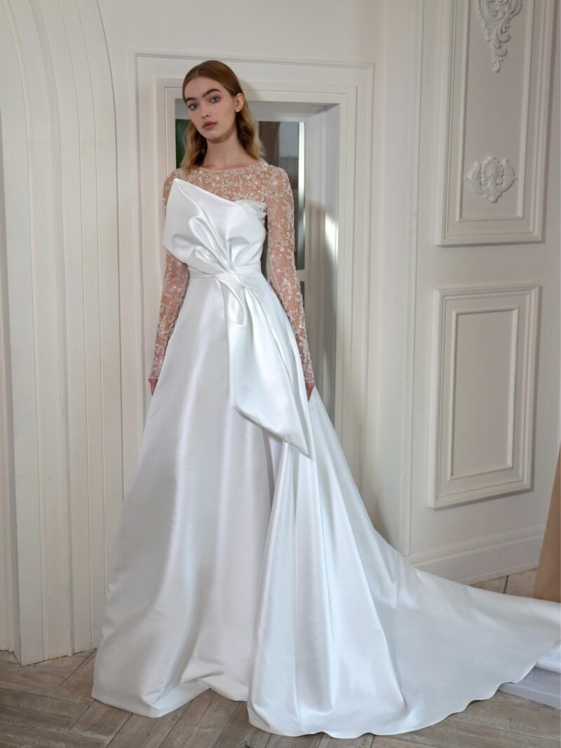 Mikado A-line wedding dress with long sparkly sleeves