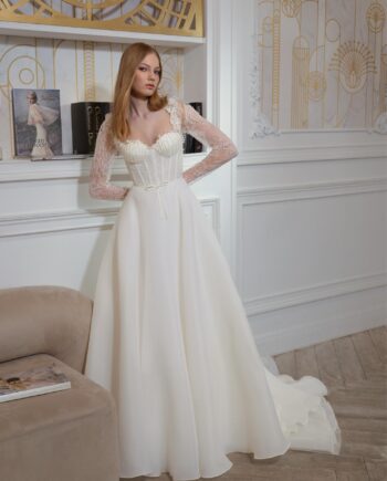 Organza A-line wedding dress with long lace sleeves