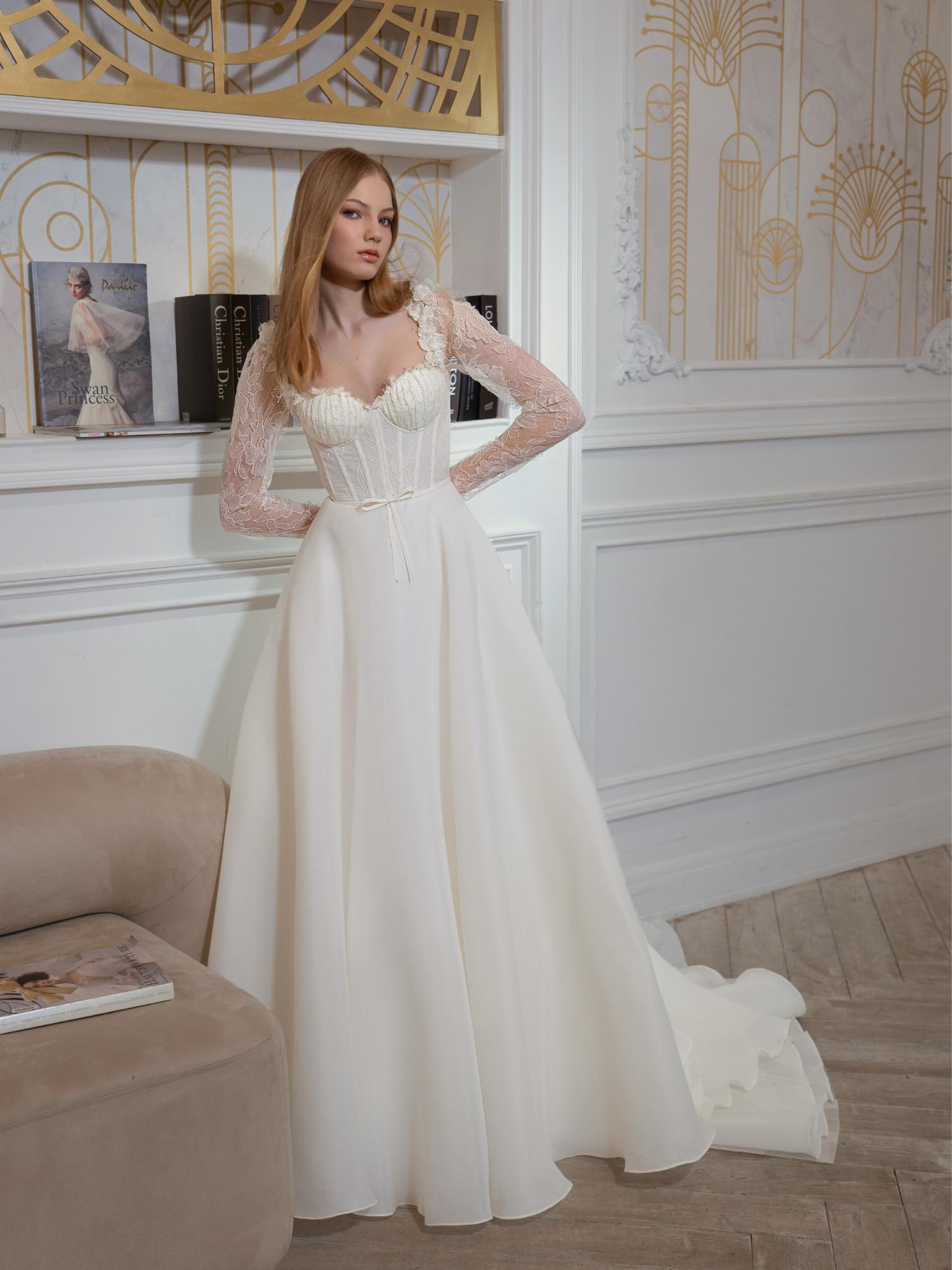 Organza A-line wedding dress with long lace sleeves