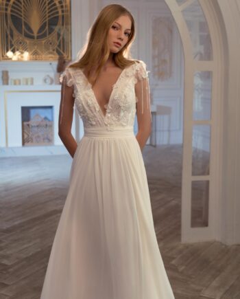 V-neck chiffon sheath wedding gown with 3D flowers