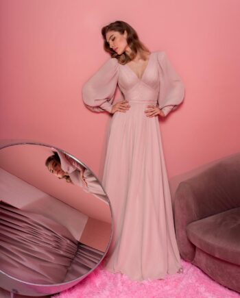 V-neck chiffon evening gown with long bishop sleeves