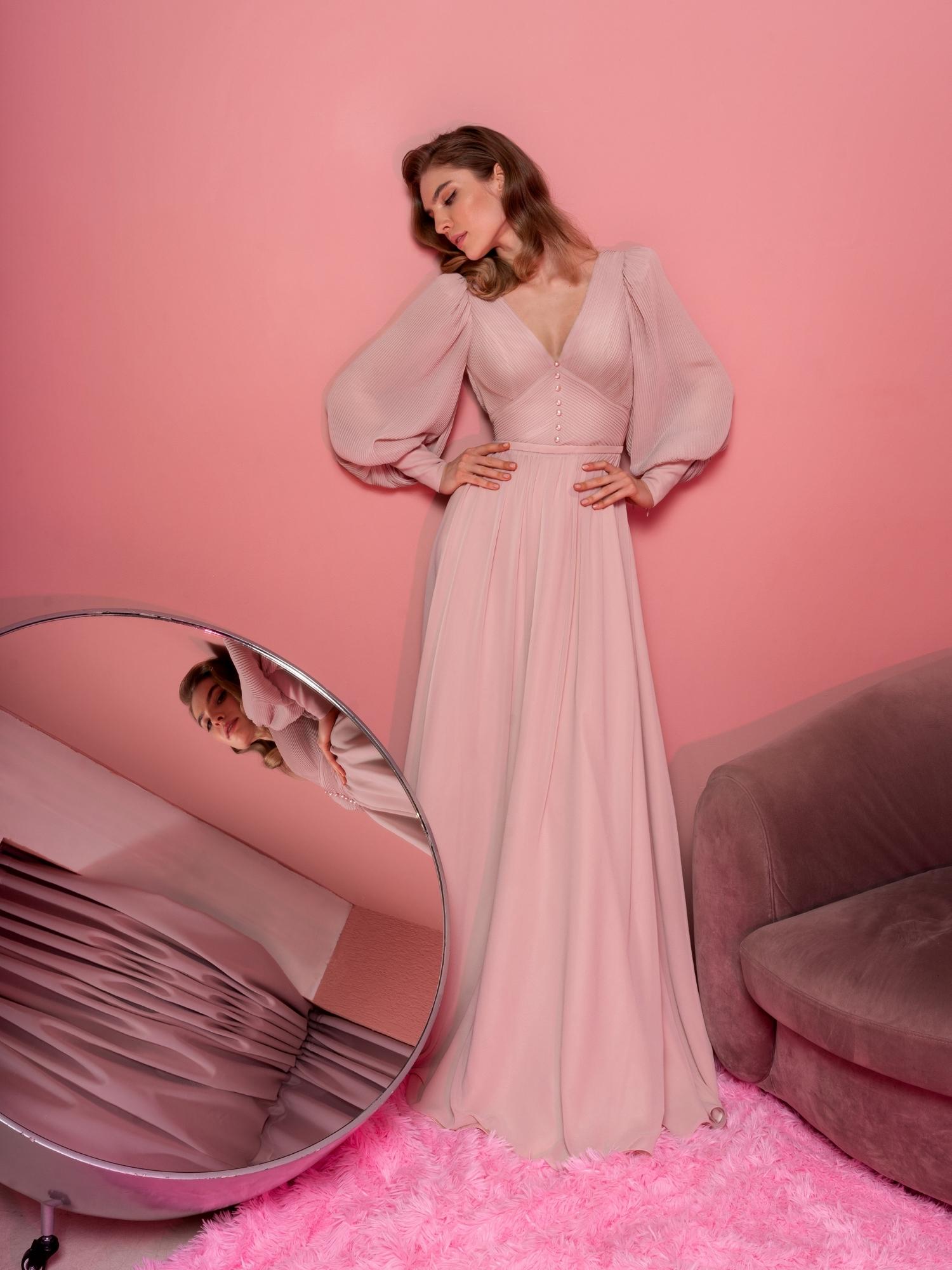 V-neck chiffon evening gown with long bishop sleeves