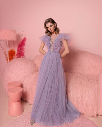 A-line evening dress with ruffles and open V-back