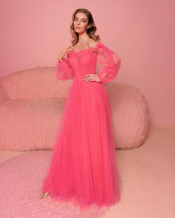 Off-the-shoulder evening gown with long sleeves