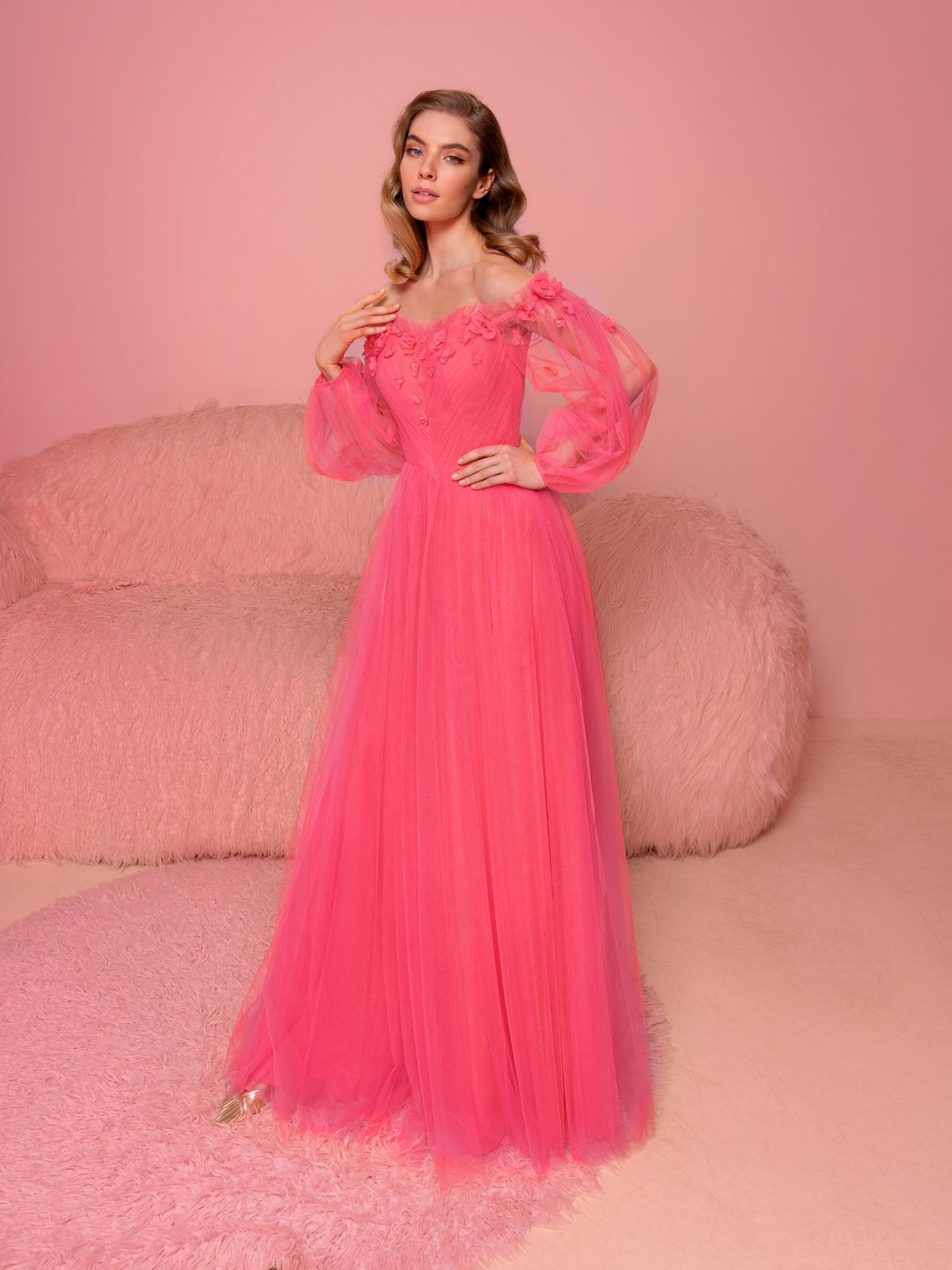 Off-the-shoulder evening gown with long sleeves