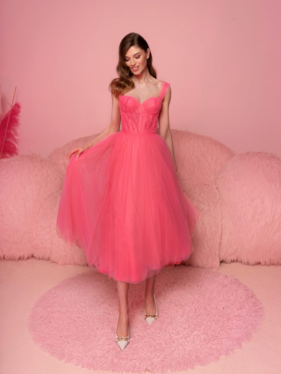 Tulle A line dress with a bustier style bodice and tulle straps