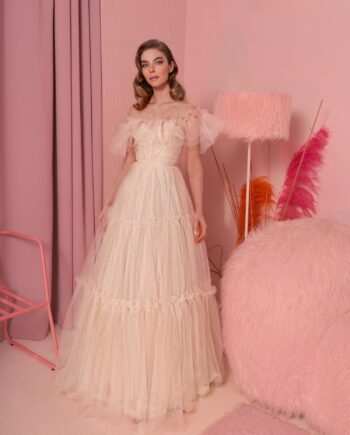 Ballgown with ruffled off-the-shoulder neckline and tiered skirt