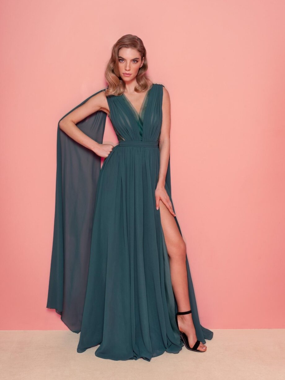 Chiffon evening gown with cape sleeves and low back