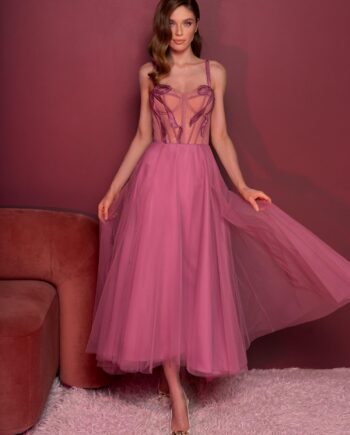 Tea-length A-line gown with a bustier style bodice