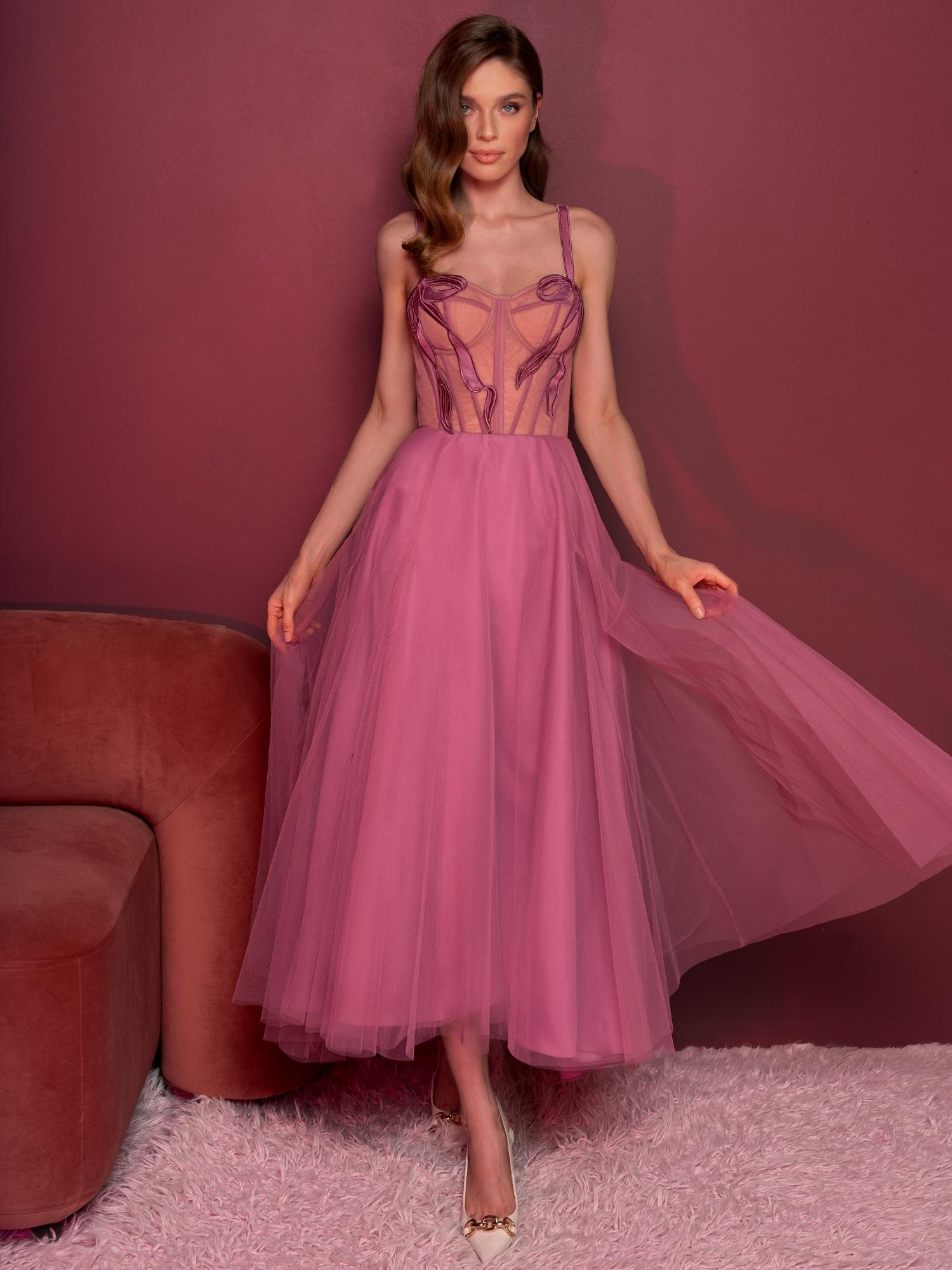 Tea-length A-line gown with a bustier style bodice