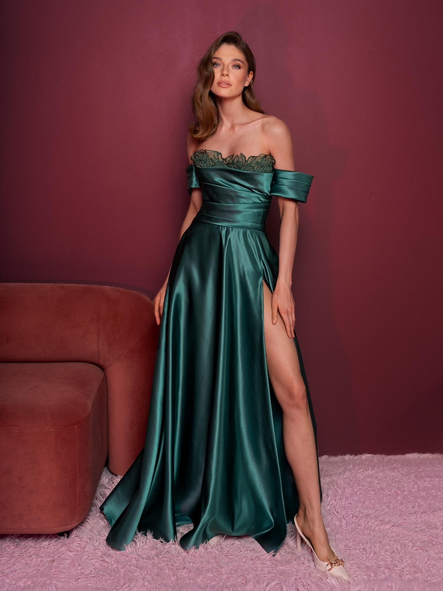 Off-the-shoulder satin gown with a leg slit