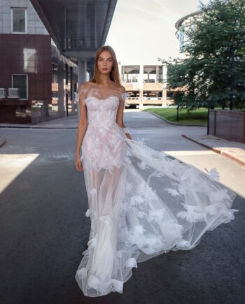 Short lace wedding dress with butterflies and tulle overlay