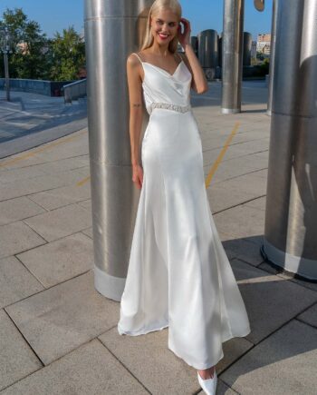 Cowl neckline wedding gown with beaded detailing