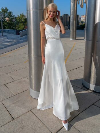 Cowl neckline wedding gown with beaded detailing