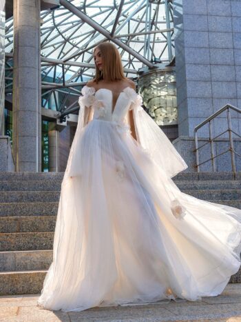 Tulle wedding dress with cape sleeves