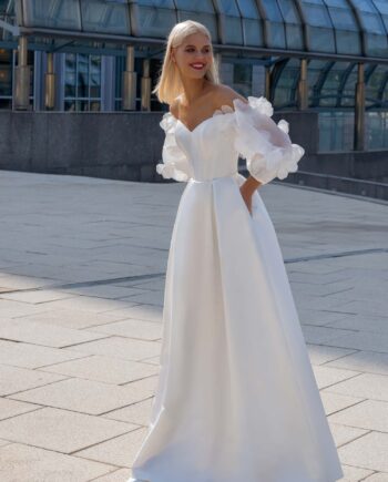 Satin wedding gown with off-the-shoulder baloon sleeves