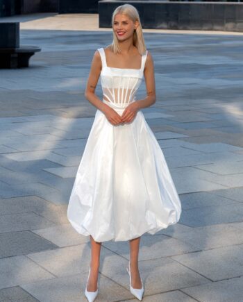 Modern midi bridal skirt with structured bodice