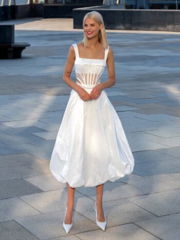 Modern midi bridal skirt with structured bodice