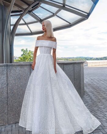 Off-the-shoulder A-line gown with detachable cape