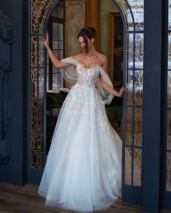 Off-the-shoulder ballgown wedding dress with lace embroidery