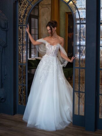 Off-the-shoulder ballgown wedding dress with lace embroidery