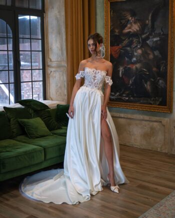 Off-the-shoulder satin ballgown with a slit