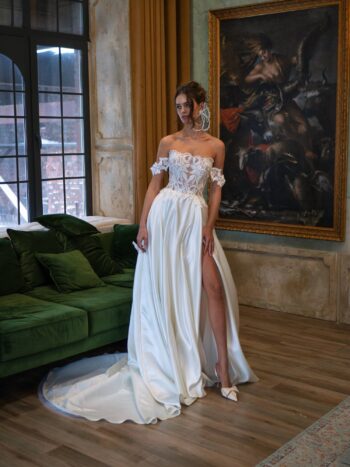 Off-the-shoulder satin ballgown with a slit