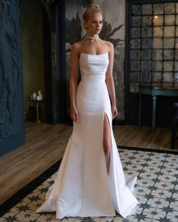 Mikado fit and flare wedding dress with a slit