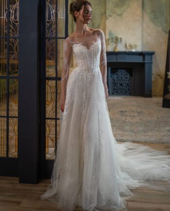 Beaded A-line wedding dress with long sleeves