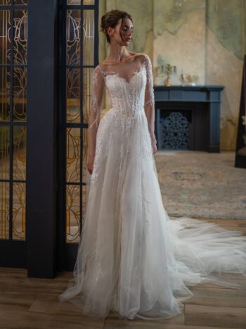 Beaded A-line wedding dress with long sleeves