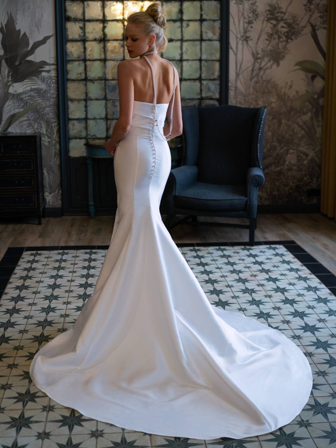 Mikado fit and flare wedding dress with a slit