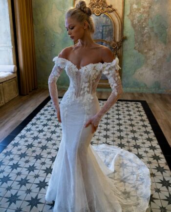 Off-the-shoulder mermaid wedding dress with long sleeves