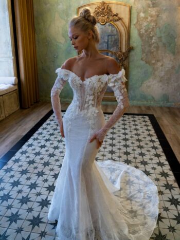 Off-the-shoulder mermaid wedding dress with long sleeves