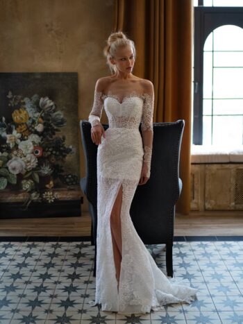 Lace fit and flare wedding dress with off-the-shoulder long sleeves