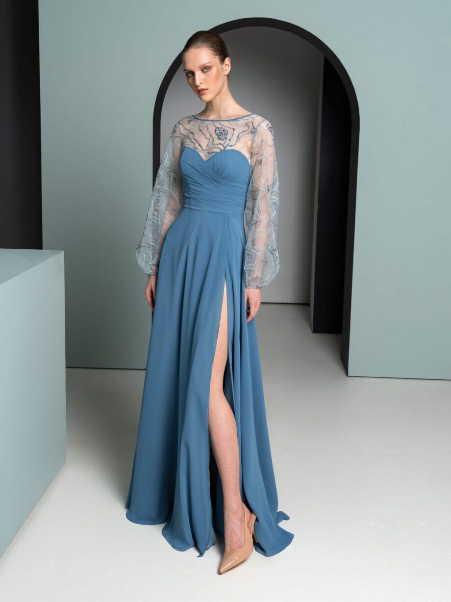 Gown with Sheer Lace Sleeves