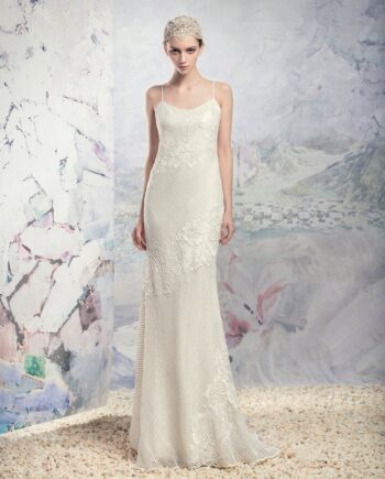 Full-length view of a slip wedding dress with floral lace at Papilio Boutique in Toronto, ideal for last-minute brides at the sample sale Toronto