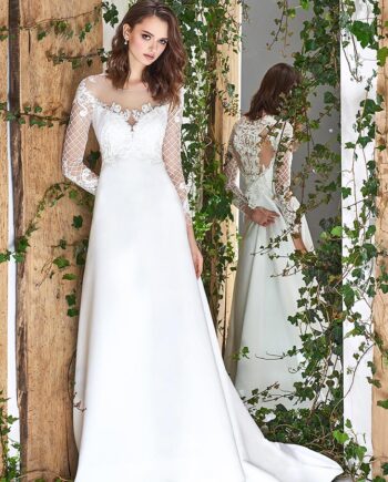 Front view of an elegant long sleeve satin wedding dress at Papilio Boutique bridal store in Toronto, showcasing a beautiful lace bodice and a smooth satin skirt, ideal for the sample sale Toronto.