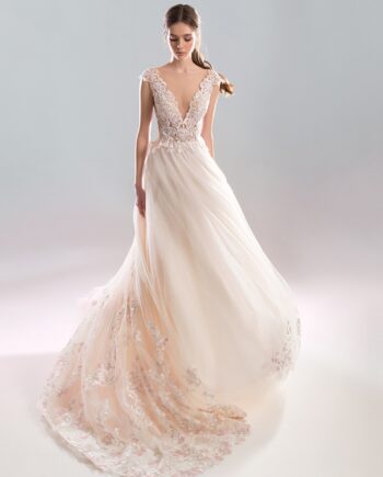 Ivory-pink floral embroidered wedding dress available at Papilio Boutique evening dresses store in Toronto, featuring an illusion neckline, buttons down the back, and A-line tulle skirt with scalloped floral lace, perfect for the sample sale Toronto.