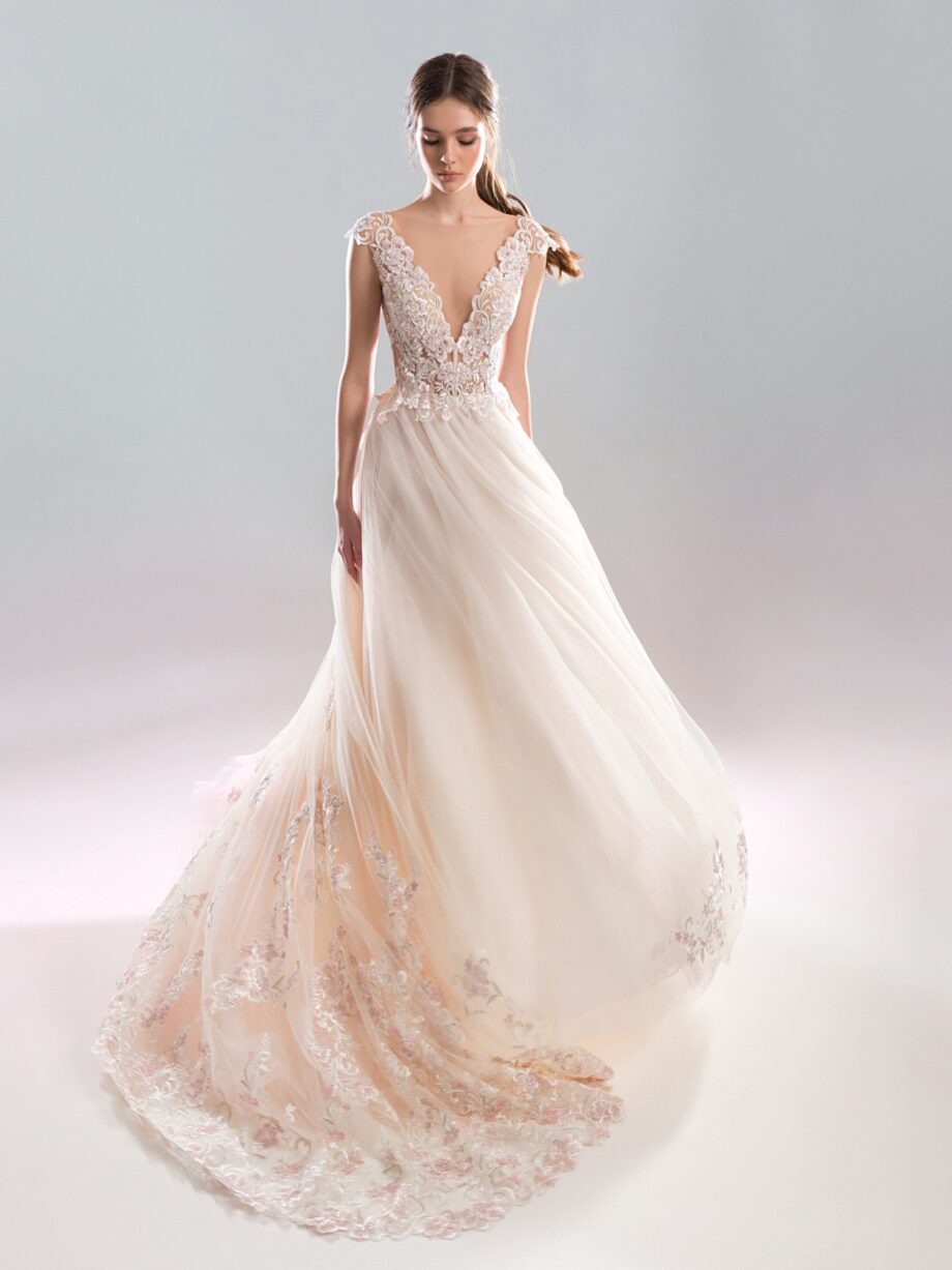 Ivory-pink floral embroidered wedding dress available at Papilio Boutique evening dresses store in Toronto, featuring an illusion neckline, buttons down the back, and A-line tulle skirt with scalloped floral lace, perfect for the sample sale Toronto.