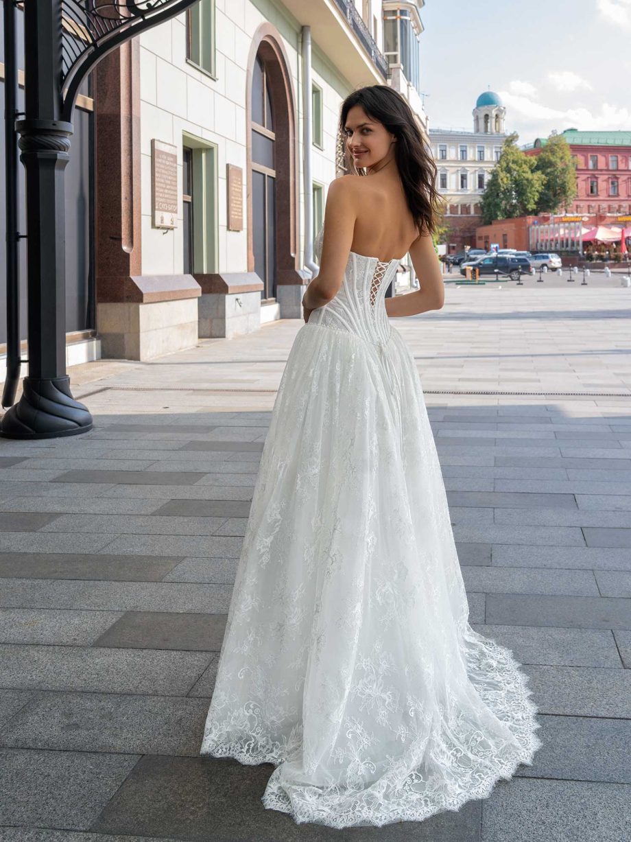 Modern lace drop waist wedding gown