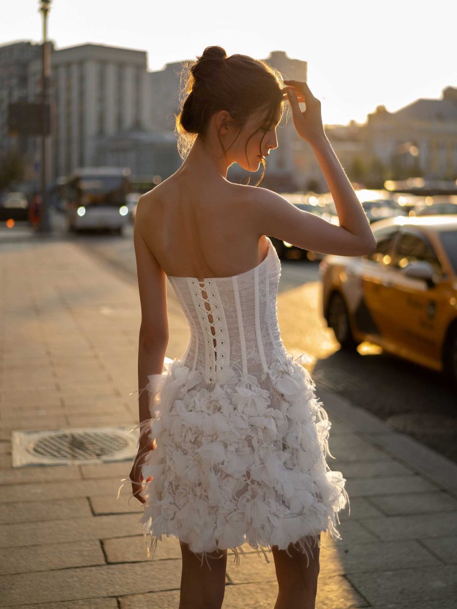 Chic mini lace wedding dress with exposed corset