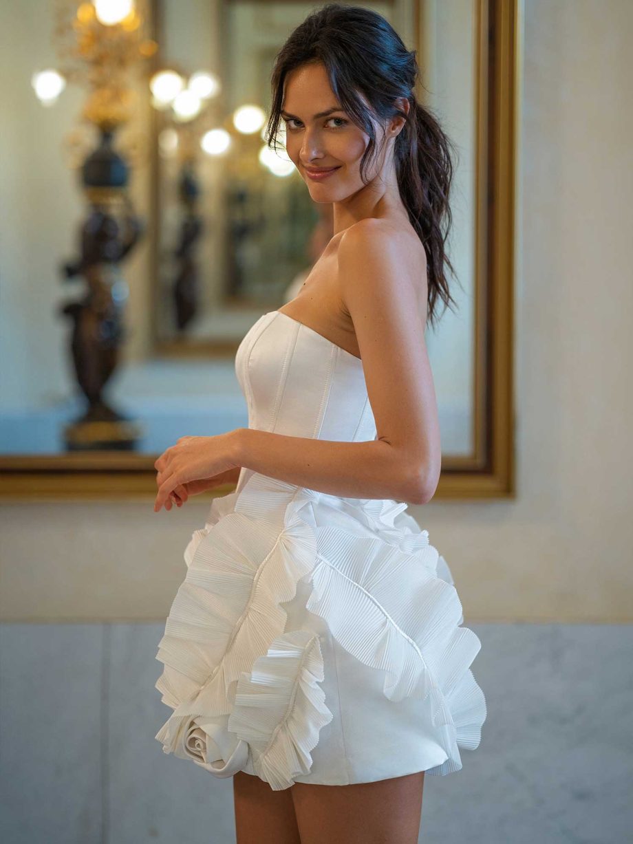 Mini satin wedding dress with ruffles and handmade flower décor