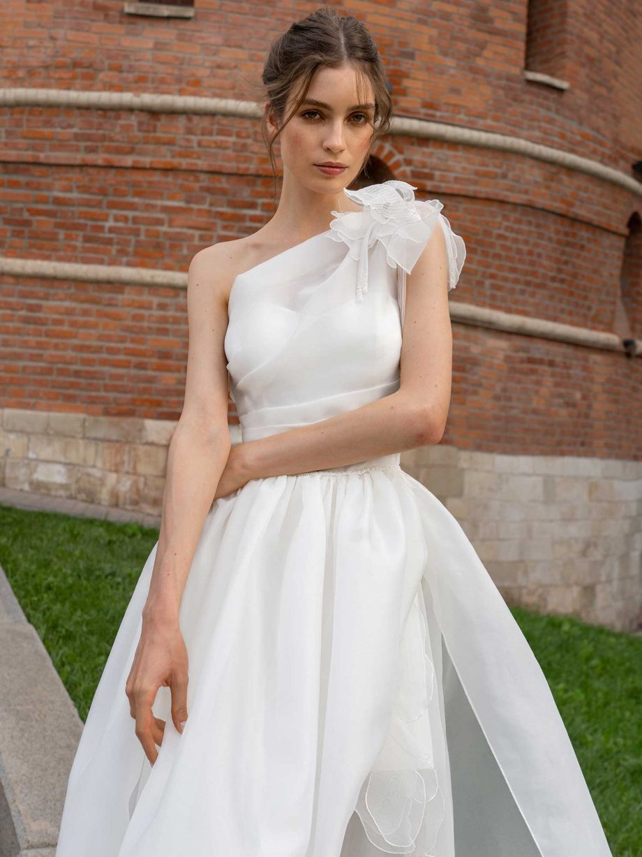 Romantic organza wedding dress with cascading details