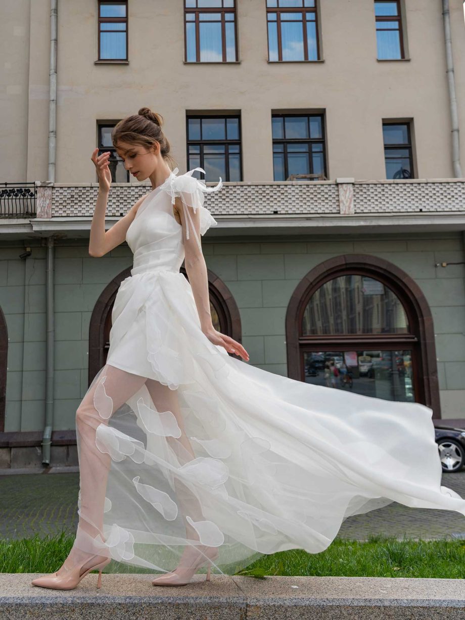 Romantic organza wedding dress with cascading details